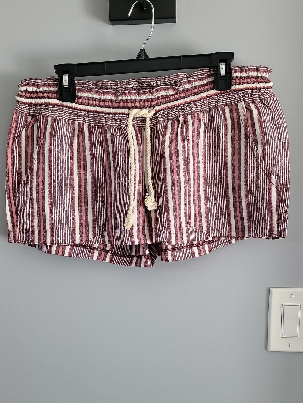Roxy Striped Smocked-Waist Shorts in Burgundy and Cream